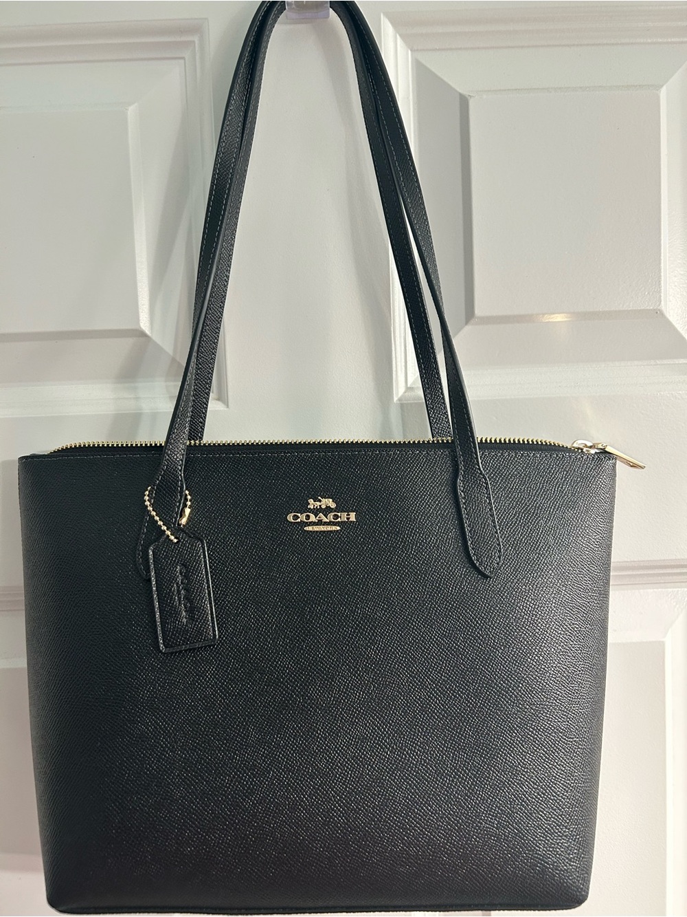 Coach Black Saffiano Leather Zip Tote with Gold Hardware
